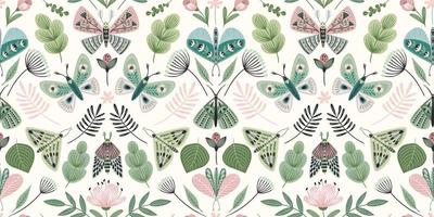 Abstract floral seamless pattern with butterflies and moths. Modern exotic design for paper, cover, fabric, interior decor and other use. vector