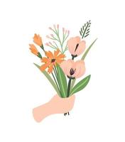 Isolated llustration bouquet of flowers in hand. Vector design concept for Valentines Day and other use.