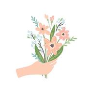 Isolated llustration bouquet of flowers in hand. Vector design concept for Valentines Day and other use.