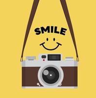 cámara vintage con sonrisa de letras de correa vector