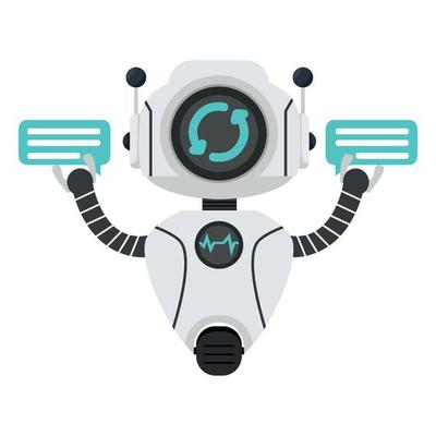 Cute white Ai robot talking speech bubbles