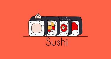 banner de promoción de sushi, plantilla. un juego de rollos, diseño para un sitio web, un restaurante. ilustración vectorial en estilo plano vector
