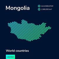 Vector creative digital neon flat line art abstract simple map of Mongolia with green, mint, turquoise striped texture on dark blue background. Educational banner, poster about Mongolia