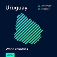 Vector creative digital neon flat line art abstract simple map of Uruguay with green, mint, turquoise striped texture on dark blue background. Educational banner, poster about Uruguay