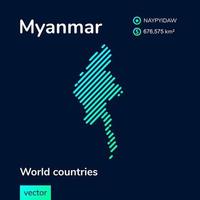 Vector creative digital neon flat line art abstract simple map of Myanmar with green, mint, turquoise striped texture on dark blue background. Educational banner, poster about Myanmar