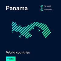 Map of Panama. Vector creative digital neon flat line art abstract simple map with green, mint, turquoise striped texture on dark blue background. Educational banner, poster about Panama