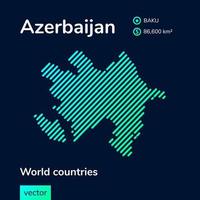 Vector creative digital neon flat line art abstract simple map of Azerbaijan with green, mint, turquoise striped texture on dark blue background. Educational banner, poster about Azerbaijan