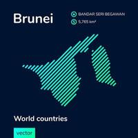 Vector creative digital neon flat line art abstract simple map of Brunei with green, mint, turquoise striped texture on dark blue background. Educational banner, poster about Brunei