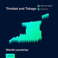 Stylized neon digital isometric striped Trinidad and Tobago 3D map in green, turquoise and mint colors vector