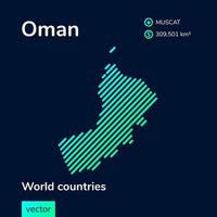 Map of Oman. Vector creative digital neon flat line art abstract simple map with green, mint, turquoise striped texture on dark blue background. Educational banner, poster about Oman