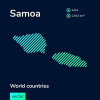 Vector creative digital neon flat line art abstract simple map of Samoa with green, mint, turquoise striped texture on dark blue background. Educational banner, poster about Samoa