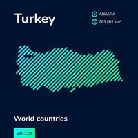 Vector creative digital neon flat line art abstract simple map of Turkey with green, mint, turquoise striped texture on dark blue background. Educational banner, poster about Turkey