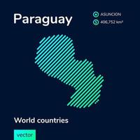 Vector creative digital neon flat line art abstract simple map of Paraguay with green, mint, turquoise striped texture on dark blue background. Educational banner, poster about Paraguay