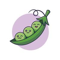 Peas kawaii characters. Cute Kawaii pea pod cartoon icon illustration. Food vegitable flat icon concept isolated on white background. Doodle style print illustration for kids clothing. vector