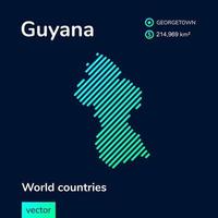 Vector creative digital neon flat line art abstract simple map of Guyana with green, mint, turquoise striped texture on dark blue background. Educational banner, poster about Guyana