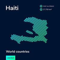 Vector creative digital neon flat line art abstract simple map of Haiti with green, mint, turquoise striped texture on dark blue background. Educational banner, poster about Haiti