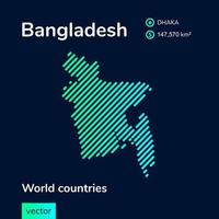 Vector creative digital neon flat line art abstract simple map of Bangladesh with green, mint, turquoise striped texture on dark blue background. Educational banner, poster about Bangladesh