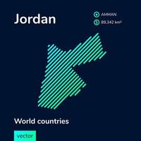 Flat creative digital neon flat abstract simple Jordan map in turquoise colors on a dark blue background. Stylized map icon of Jordan. Infographic element vector