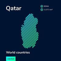 Map of Qatar. Vector creative digital neon flat line art abstract simple map with green, mint, turquoise striped texture on dark blue background. Educational banner, poster about Qatar