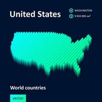 USA 3D map. Stylized neon digital isometric striped vector map in green colors on blue background