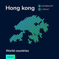 Vector creative digital neon flat line art abstract simple map of Hong Kong with green, mint, turquoise striped texture on dark blue background. Educational banner, poster about Hong Kong