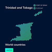 Vector creative digital neon flat line art abstract simple map of Trinidad and Tobago with green, mint, turquoise striped texture on dark blue background.