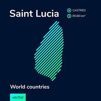 Map of Saint Lucia. Vector creative digital neon flat line art abstract simple map with green, mint, turquoise striped texture on dark blue background. Educational banner, poster about Saint Lucia