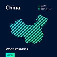 Vector creative digital neon flat line art abstract simple map of China with green, mint, turquoise striped texture on dark blue background. Educational banner, poster about China