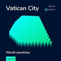 Stylized neon simple digital isometric striped vector Vatican 3D map in green, turquoise and mint