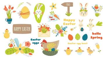 Easter elements set clipart Cute Easter characters Text Happy Easter Graphic kids hand drawn bright elements, eggs, flowers, chicken, chicks, Easter quotes Rabbit bunny, tulips Vector illustration.
