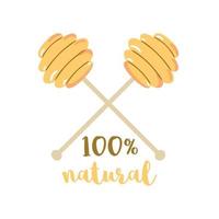 Honey dipper Spoon honey text 100 natural honey Bee product logo icon sticer Draw for banner, card. Cute beekeeping hand drawn cartoon element. Yellow color. Eco natural food illustration. vector