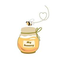 Honey jar logo. Flaying bee. Cute yellow Honey pot. Bee Text My honey Icon sticker logo Hand drawn varieties beekeeping element isolated on white. Cartoon yellow illustration. vector