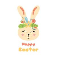 feliz conejo de pascua lindo personaje de cartón conejo con corona de flores en estilo de fideos dibujado a mano. colorido elemento de impresión de tarjetas de Pascua. ilustración de niños. feliz texto de pascua. cartel aislado. vector