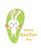 feliz conejo de pascua con huevos lindo personaje de cartón conejo conejito en estilo garabato dibujado a mano verde. colorido elemento de impresión de tarjetas de pascua. ilustración de niños. feliz día de pascua texto. cartel aislado. vector