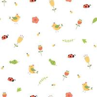 linda flor de patrones sin fisuras. flores de verano hojas pájaros elementos de mariquita sobre fondo blanco. linda impresión gráfica. textura diminuta simple en estilo de dibujos animados. diseño de tela para niños. ilustración vectorial vector