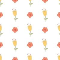 Hand drawn yellow flowers seamless pattern. Seamless repeat pattern with flowers in pink, yellow colors on white background. Spring vibes design. Cute fabric, gift wrap, wall art vector illustration.