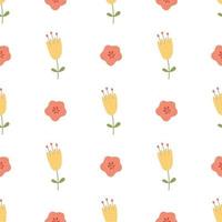 Hand drawn yellow flowers seamless pattern. Seamless repeat pattern with flowers in pink, yellow colors on white background. Spring vibes design. Cute fabric, gift wrap, wall art vector illustration.