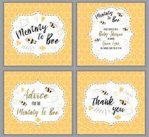 Baby shower Bee set Cute invitation template Text Mommy to Bee, honey. Cute card design for girls boys with bees. Banner for Mothers Day, congratulation on honeycomb background Vector illustration.