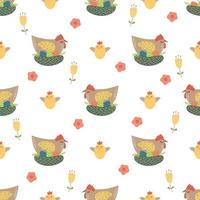 Easter chicken seamless pattern Cute chicken eggs flowers background. Chicken on the nest. Spring colorful Easter celebration design. Cute hand drawn cartoon design. Vector illustration.