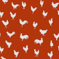 Seamless pattern with chickens in white and red colors. Birds set. Hen, rooster, chickens. Pattern in sketch style with farm animals on red background. For fabric, textile, wraps gifts, Easter. vector