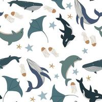 Sea and ocean animals seamless. Vector hand-drawn colored  childish seamless repeating simple flat pattern with whales. Vector Cute baby animals. Pattern for kids with whales. Kids design.