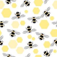 Vector seamless pattern of a bee, a honeycomb. Simple cartoon illustration on a white background. Seamless pattern with bees. Vector hand draw illustration.