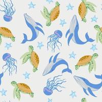 Vector hand-drawn colored childish seamless repeating simple flat pattern with whales. Vector Cute baby animals. Pattern for kids with whales. Kids design.Sea and ocean animals seamless.