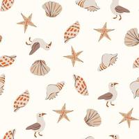 Sea beach seamless pattern. Ocean Fashion Textile Blue, White Background. Seashore Elements Texture. Cute seamless pattern with seashells drawn in sketch style. Summer vector print.