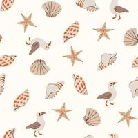 Sea beach seamless pattern. Ocean Fashion Textile Blue, White Background. Seashore Elements Texture. Cute seamless pattern with seashells drawn in sketch style. Summer vector print.