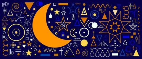 A set of aesthetic and modern Astrology minimalistic linear illustrations of the sun, moon, stars, geometric elements vector