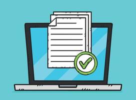 Icon of several documents with green checkmark showing on laptop screen. A passed test or survey. Hand-drawn vector illustration.