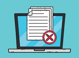 Icon of several documents with a red x on laptop screen. A failed test or survey. Hand-drawn vector illustration.