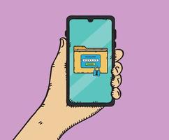 Hand holding a phone on the screen of which displays a password-protected folder. To log in to the folder you need to enter the password. Hand drawn vector illustration.