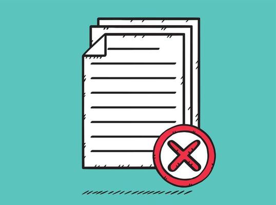 Icon of several documents with a red x. A failed test or survey. Hand-drawn vector illustration.
